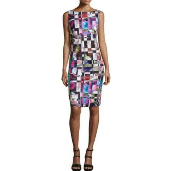 Milly Sheath Dress Women's 8 Multicolor Cubist Print Sleeveless Short Boat Neck - Picture 1 of 11